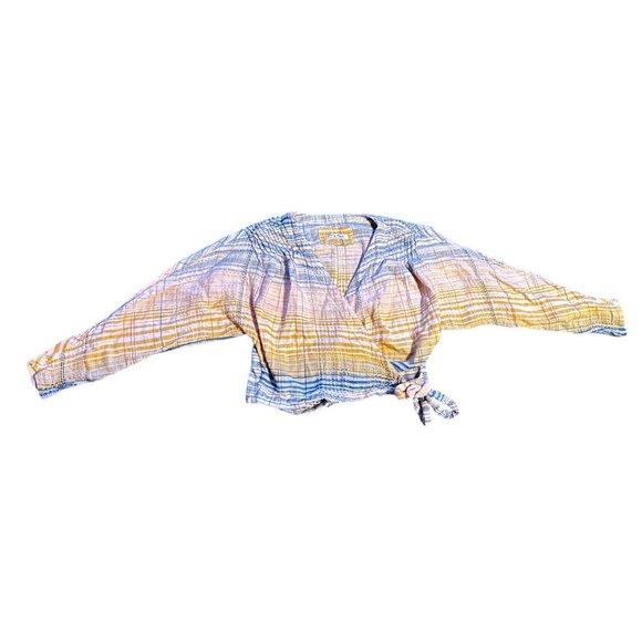 Free Free Ombre Plaid Wrap Cropped Blouse Shirt Top Long Sleeve Tie Waist Womens - Picture 4 of 5